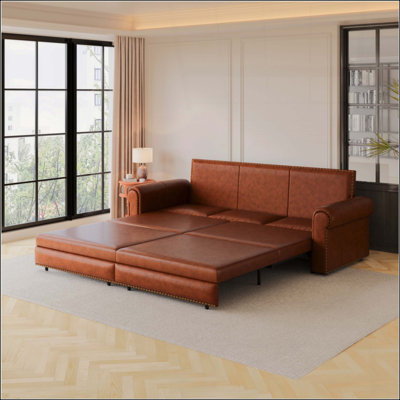 Chesterfield Sofa,Pull Out Sofa Bed, 3-In-1 Faux Leather Convertible Sleeper Sofa With Nailhead Trim & Rolled Arm,Multi-Functional Sofa Bed
