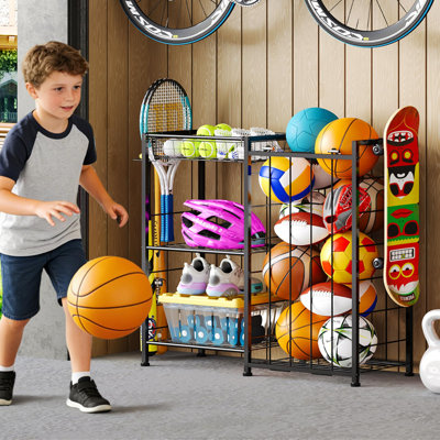 Sports Equipment Organizer, Ball Storage Rack With Elastic Straps And Removable Basket For Garage Organization, Garage Organizer With Hooks , Black