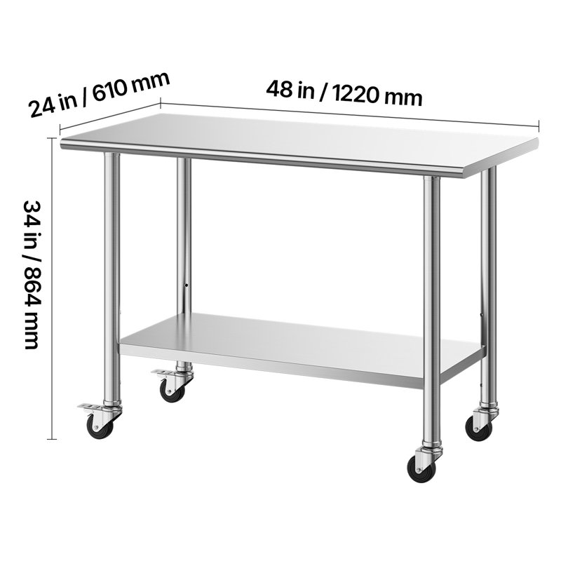 Table de travail en acier inoxydable, table de préparation des aliments de 24 po x 48 po avec roulettes, poste de travail de cuisine commerciale avec tablette inférieure réglable, table de travail en métal pour l'extérieur du restaurant