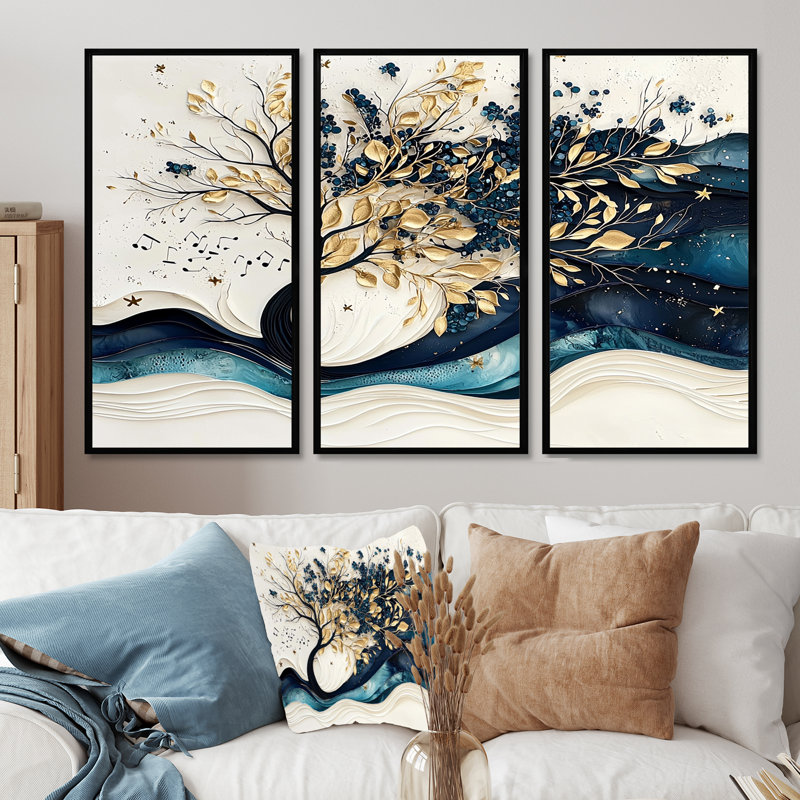 Ensemble de salon art mural bleu et blanc avec fleurs de cerisier modernes I, H 28 po x l 36 po x P 1 po