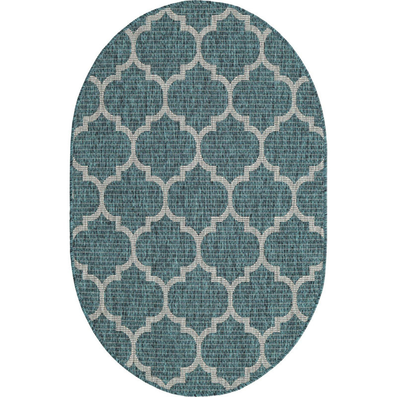 Annetrude Geometric Indoor / Outdoor Rug, Oval 3'3" x 5'3", Teal