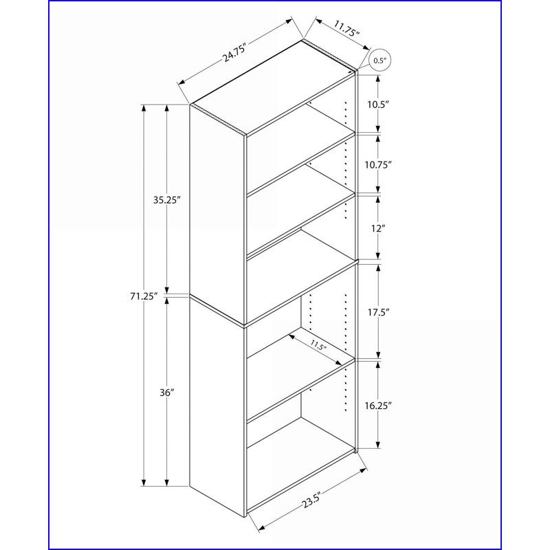 Bibliothèque à 6 niveaux H 72 po, taupe transitionnel foncé, tablettes réglables | Taupe | Panneau de particules, Taupe