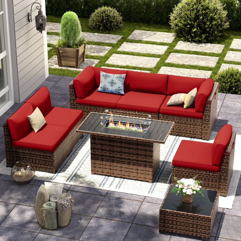 Bhairavi Wicker - Person Modular Patio Conversation Set with Cushions, 6, Burgundy