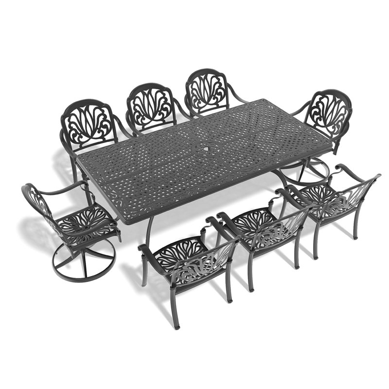Ensemble de salle à manger 9 pièces en fonte d'aluminium toutes saisons comprenant 2 chaises pivotantes, 6 chaises de table et une table rectangulaire avec cadre noir (même référence: W1710S00382)