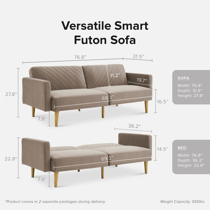 76.8'' Velvet Convertible Sofa, Mocha Brown Velvet