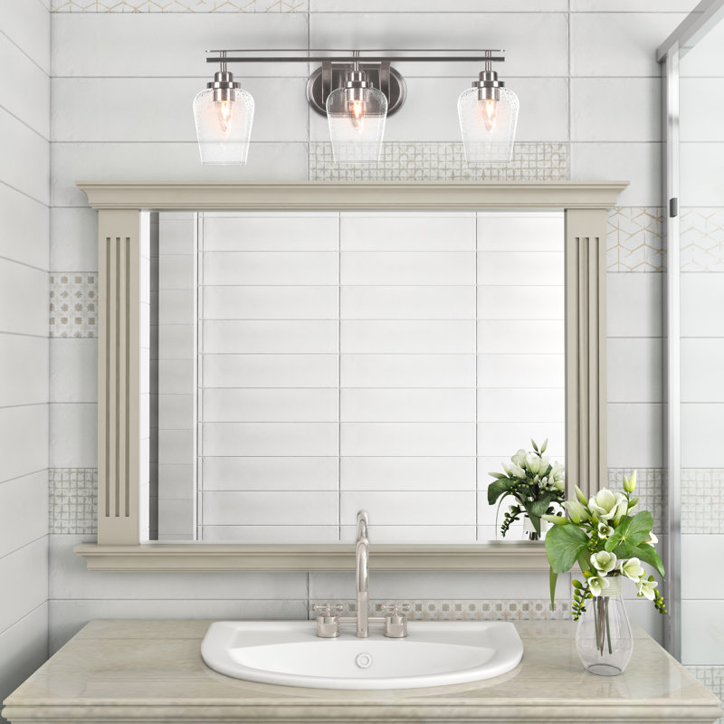 Barre d'éclairage de salle de bain 3 lumières Odyssey au fini nickel brossé avec verre à bulles transparent de 5 po, Gris