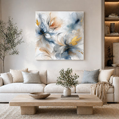 Whispering Blossoms Abstract Floral Canvas Wall Art with Gold Leaf Texture
