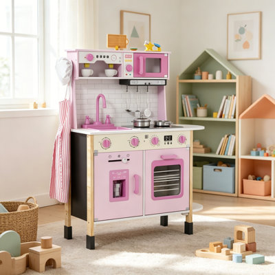 Ensemble de jeu de cuisine en bois pour enfants, cuisinier de jeu à hauteur réglable avec lumières et sons, cuisine Montessori sans BPA avec 30 accessoires de jeu et plus, 3 à 7 ans