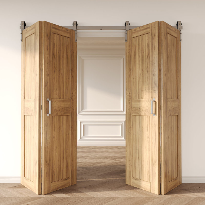 Ensemble de quatre portes de grange coulissantes pliantes en nickel brossé avec quincaillerie de porte de grange - Rouleau de conception classique (portes non incluses)