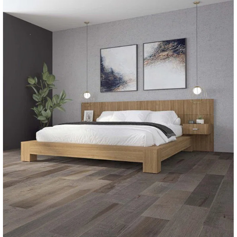 Zen Bedroom - Platform Bed with Headboard and Nightstands (2) – Easy Assembly, No Box Spring Required, Brown