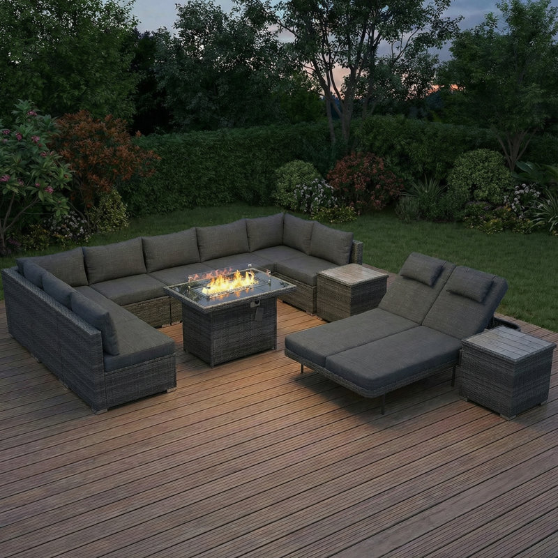12-Piece Outdoor Conversation Seating Sectional Set With Fire Pit Table And Double Chaise Lounge, Dark Gray