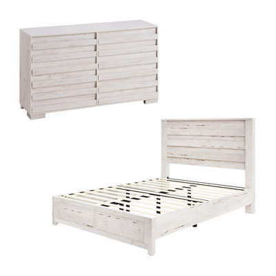  Ensemble de chambre avec grand lit 2 pièces, lit plateforme et commode 6 tiroirs Farmhouse, blanc