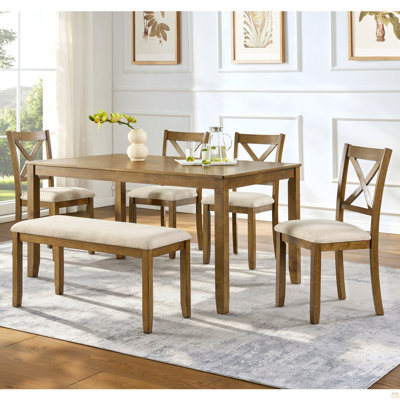 Ensemble de table de salle à manger en chêne 6 pièces - Grande table rectangulaire avec banc rembourré et 4 chaises à dossier en X, structure en bois d'hévéa massif, mobilier de cuisine de ferme pour les dîners de famille et les rassemblements