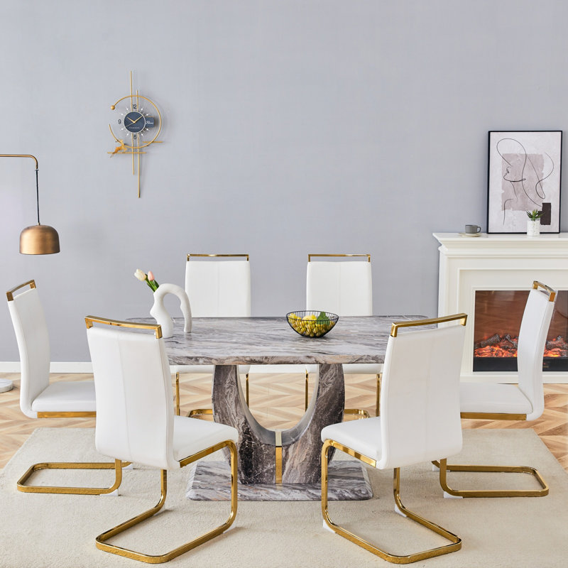 63" Modern Dining Table Set With PU Leather Chairs, U-Shaped MDF Base, White, 7 Pieces: Table, 6 Chairs