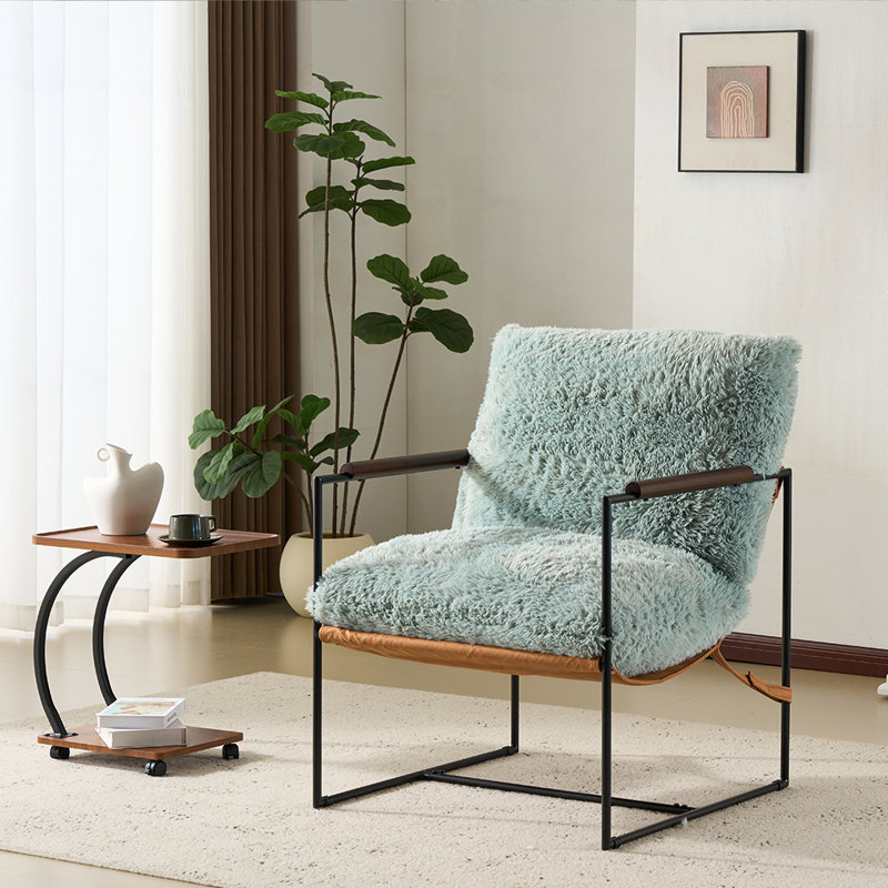 Plush Rabbit Fur Lazy Chair - Rubber Wood Arms, Iron Frame (Living Room/Bedroom), Blue