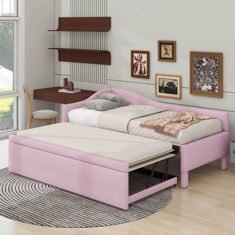 Lit de jour simple tapissier en L rembourré en forme de L avec lit gigogne, Rose