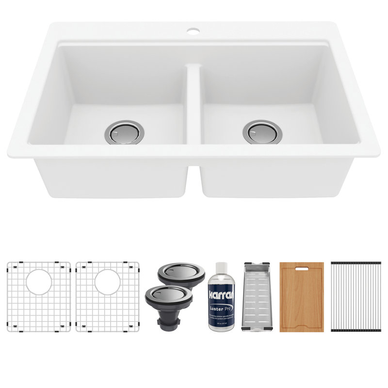 Quartz Top Mount Sinks 33'' L Double Bowl Kitchen Sink, White