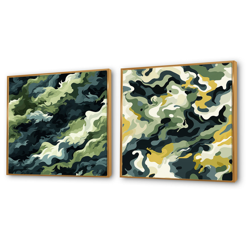Urban Urban Camouflage Wilderness - Ensemble de 2 collages carrés abstraits, Cadre flottant doré, H 36 po x l 73 po