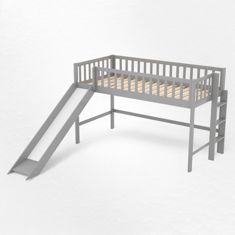 Low Loft Bed With Slide, Gray, Twin