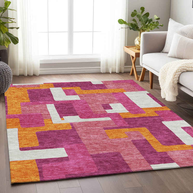 Premium Machine Washable Prisco Pink Rug, Rectangle 8' x 10'