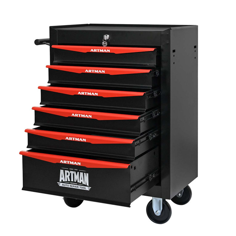 Coffre à outils roulant en métal avec 6 tiroirs, armoire à outils à 6 tiroirs de 20 po avec glissières à roulement à billes, coffre à outils en acier noir et rouge