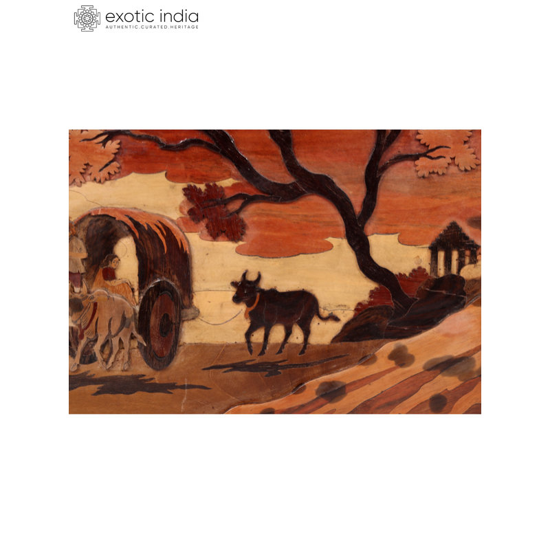 Handcrafted Bullock Cart 3D Wood Inlay Wall Art | 24-Inch Rustic Indian Village Scene Panel