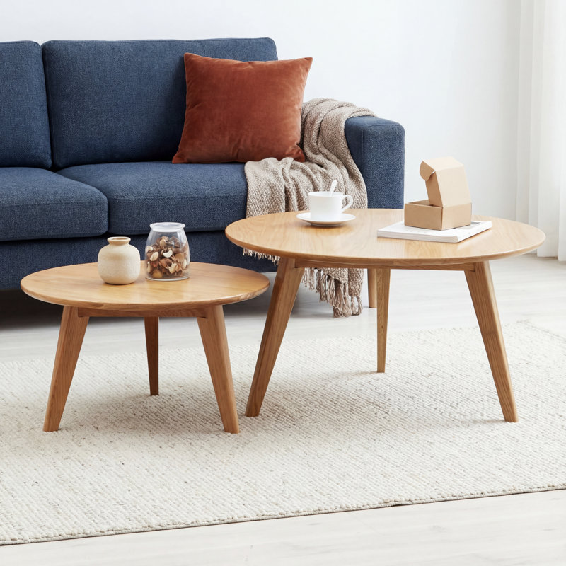 Table basse ronde moderne Fjord en bois massif - Lot de 2, Ensemble 29,5 po x l 23,6 po, Natural Wood, 2