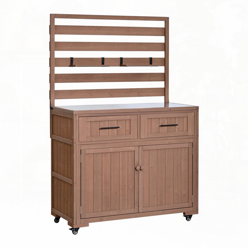 Banc de jardin 64,9 po H avec plateau en acier inoxydable, Brun