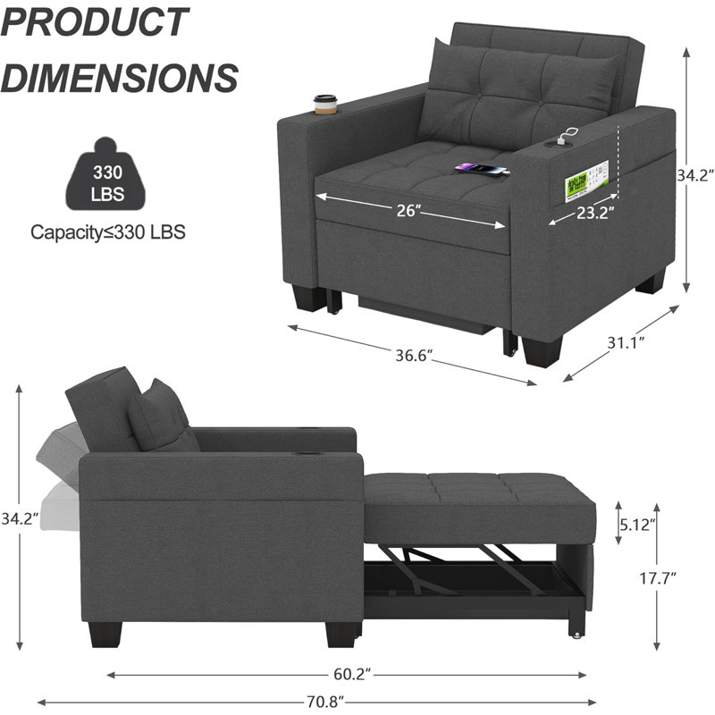 Latitude Run 36.6" Wide Convertible Chair 3-In-1 Pull Out Sleeper Futon Chair Beds with USB, Dark Gray Linen