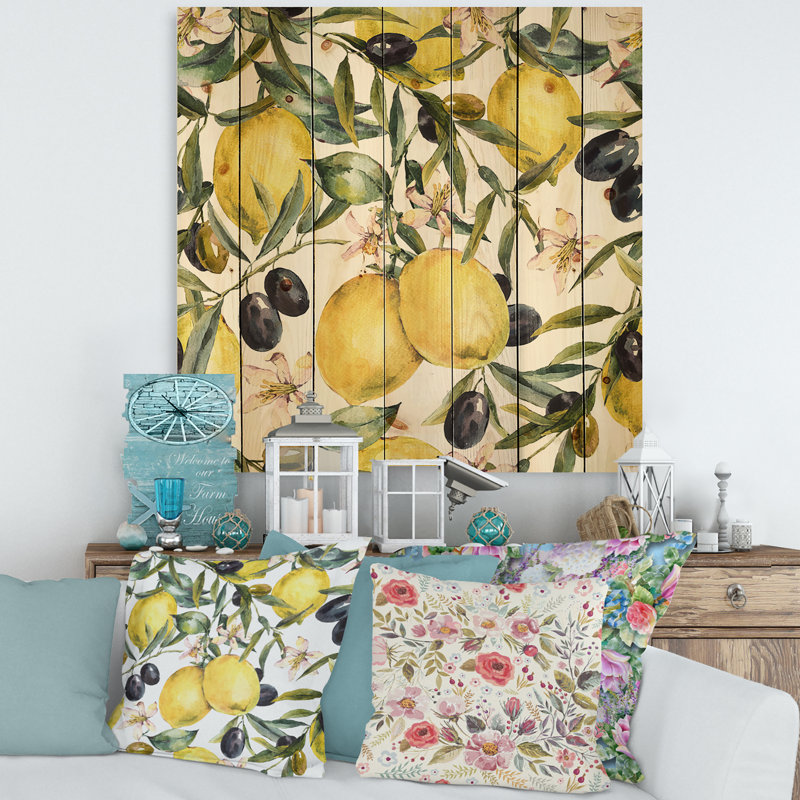 Citron et branches d'olivier I - impression tropicale sur bois de pin naturel, H 15 po x l 15 po x P 0,78 po
