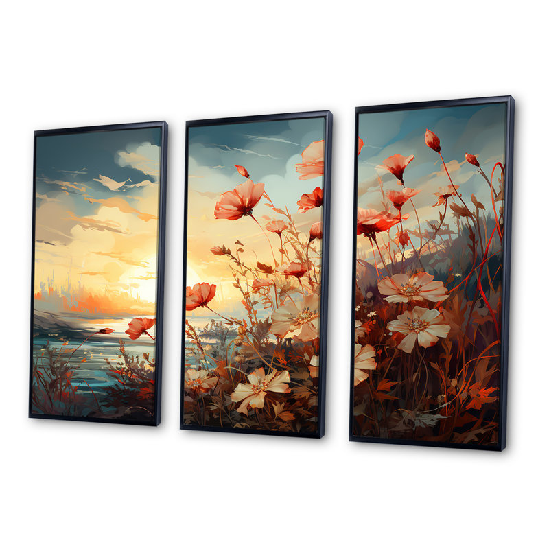 «Meadow Stream At Sunset II», ensemble d'art mural prairie, H 28 po x l 36 po x P 1 po, Cadre flottant noir
