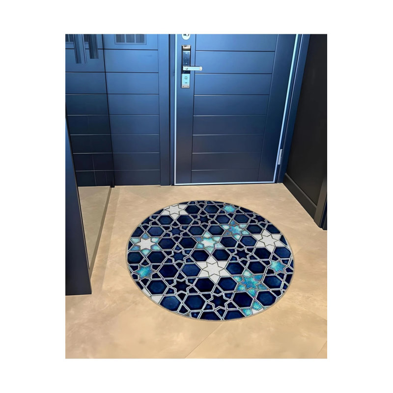 Modern Decorative Carpet With Star Details In Blue Tones, Round 2'8"