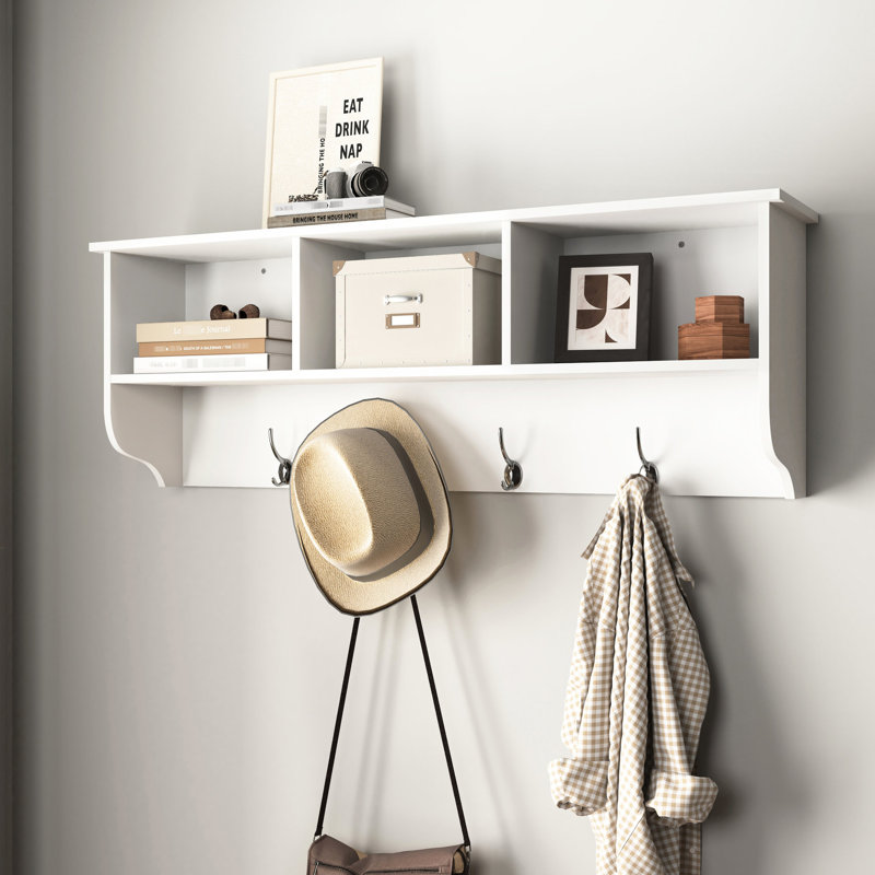White Entryway Coat Rack With 4 Hooks And Efficient Wooden Storage Shelf Wall Mounted Dependable
