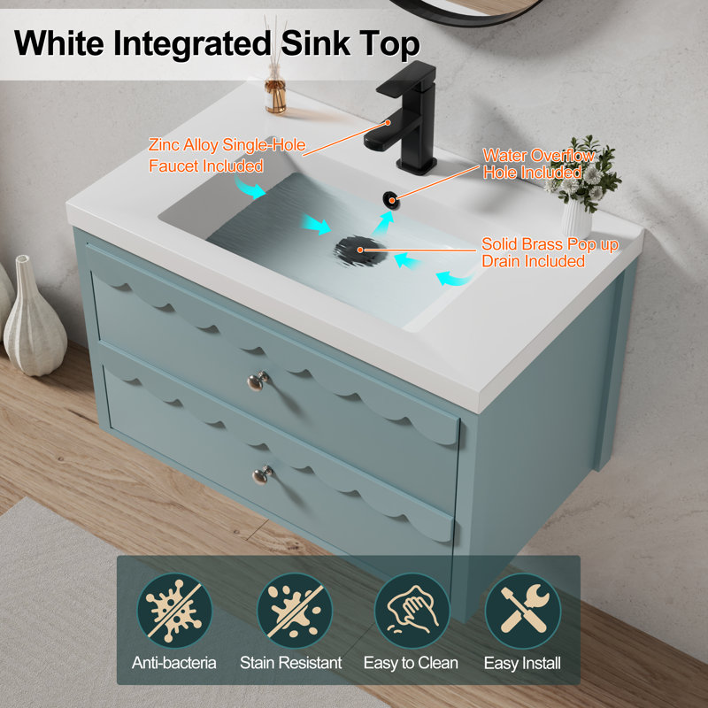 Sharee 30" Wall Mounted Bathroom Vanity Set With Sink Top, Faucet and Drain, Hand Painted, Blue