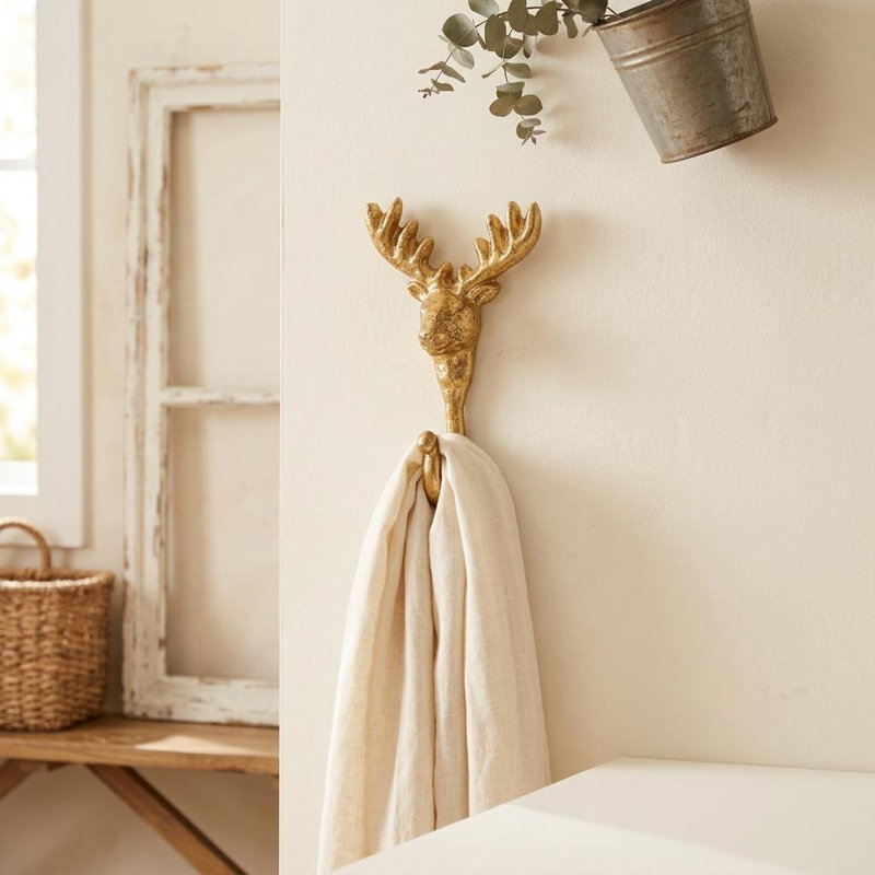 3" Gold Cast Iron Deer Stag Wall Hook