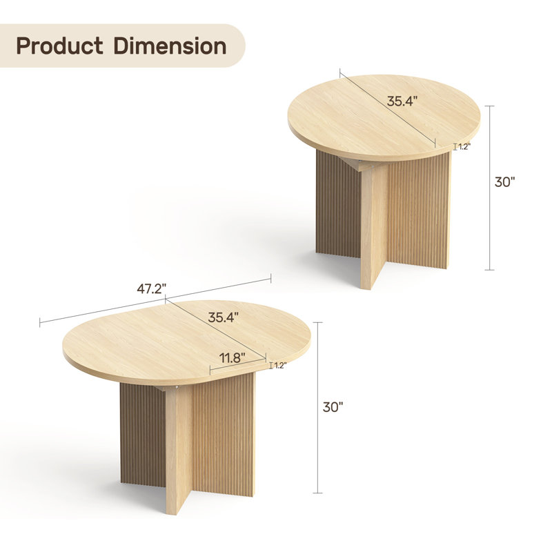 Round-to-oval Extendable Dining Table, 35.4″ Round/47.2″ Oval, Light Oak or Dark Walnut, Farmhouse Expandable Table for for Small Kitchen & Dining Areas