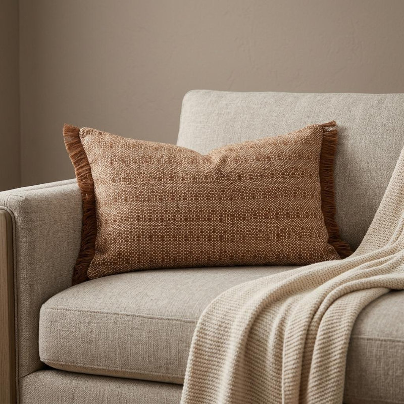 Coussin 14 "x 20" en coton rayé brun et blanc avec frange