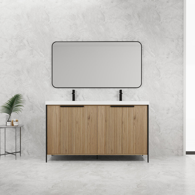 Meuble-lavabo autoportant de 60 po avec double lavabo en résine et 4 portes d'armoire à fermeture en douceur