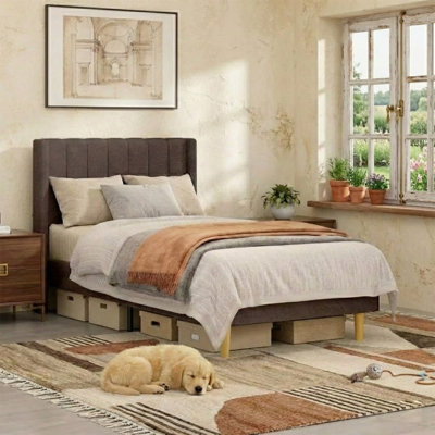 Twin Upholstered Wingback Platform Bed Frame with Vertical Channel Tufted Headboard, No Box Spring Needed, Brown