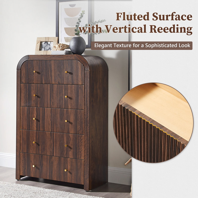 Fluted 5 Drawers Dresser For Bedroom, 48" Tall Modern Chest Of Drawers For Bedroom, Living Room, Hallway, Dark Walnut