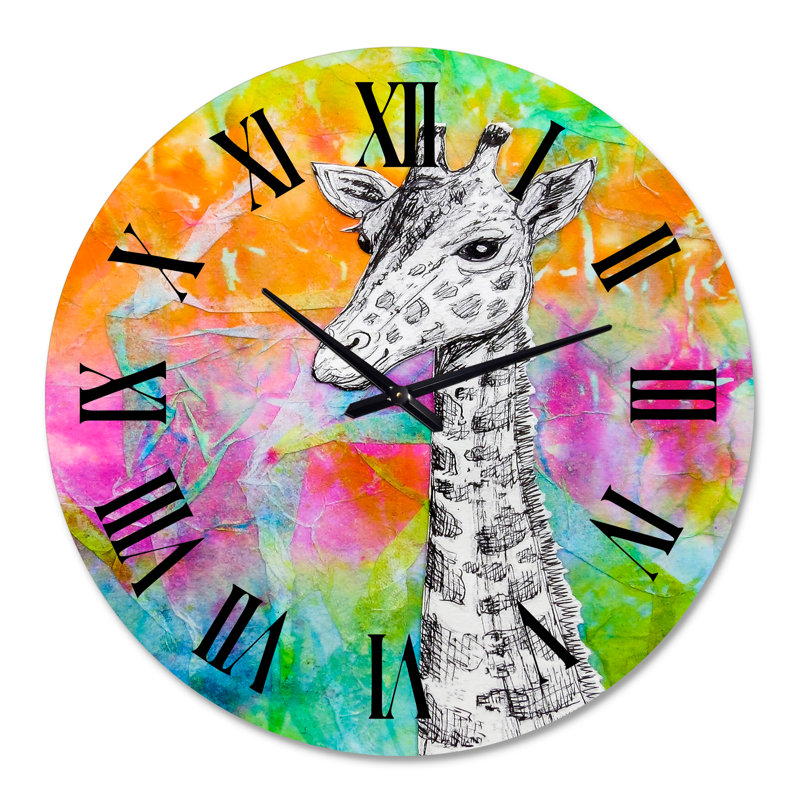 White Giraffe Drawing On Bright Rainbow - Children's Art wall clock, Large