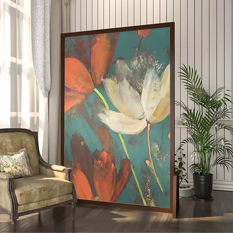Modern Graffiti Floral Screen, Blue/Brown/Green/Beige/Yellow/Tan