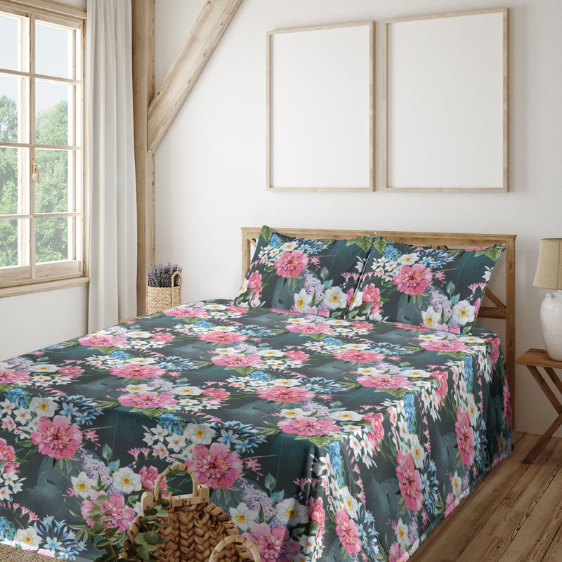 Ambesonne Watercolor Botany Sheet Set 4 Pcs Retro Boho Bloom, Pastel Pink Dark Teal Floral, King Sheet Set with 2 Pillowcases