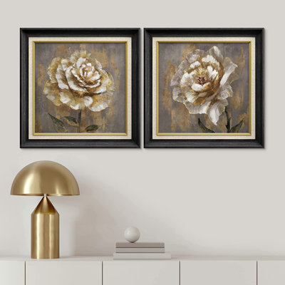 Grunge floral, botanique, rose blanche - ensemble de 2 peintures sur toile