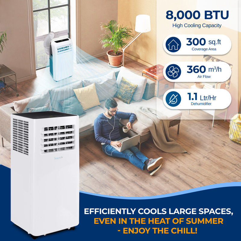 Climatiseur portatif et déshumidificateur Serenelife - 8 000 BTU, climatiseur intérieur Wi-Fi activé, tire 1,1 litre d'humidité par heure pour un refroidissement rapide jusqu'à 300 pieds carrés - SLPAC805W
