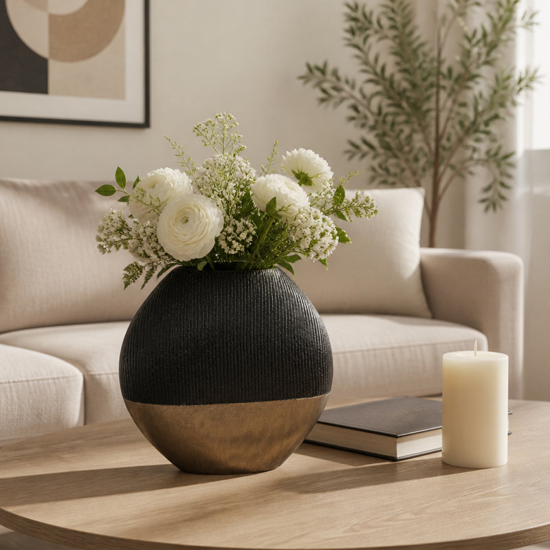 Vase de table moderne en métal martelé pour la décoration intérieure, H 10 po x l 11 po x P 3 po, Noir/laiton