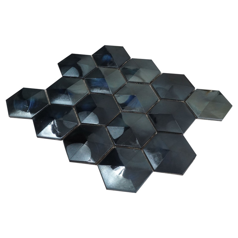 Aurora 10.32 in. x 11.82 in. Hexagon Glossy Glass Mosaic Tile, Blue