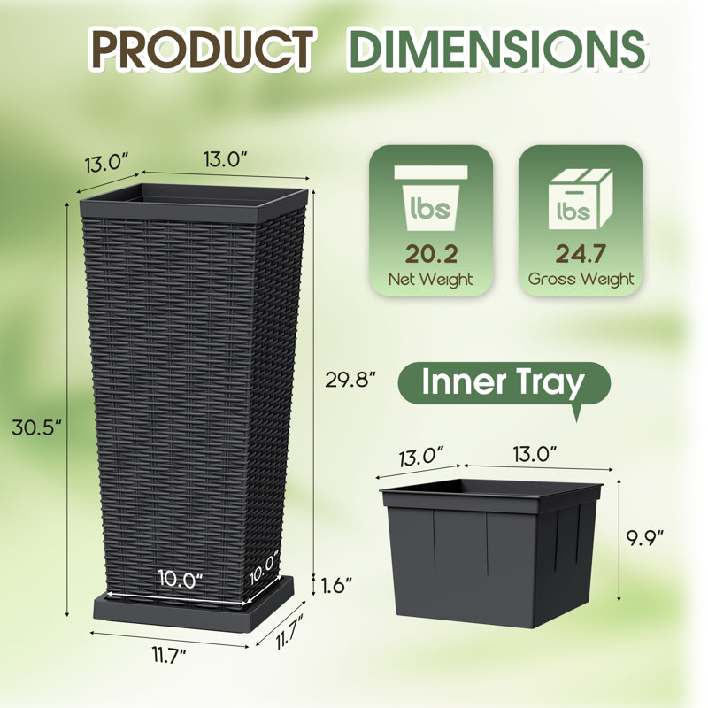 25/31 in. Imitation-Wicker Plastic Tall Planter Pot with Drainage Hole & Tray, 31"H, Black