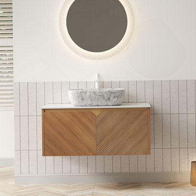 Meuble-lavabo 36 po, meuble de rangement flottant en contreplaqué, portes doubles en sergé avec garniture en métal, vasque en céramique à motif marbré et plateau en pierre frittée blanc de Carrare, couleur grain de bois de chêne Corolla
