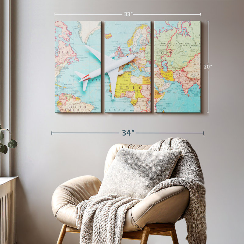 «Plane World Travel Wall Art» sur, H 20 po x l 33 po x P 1,25 po